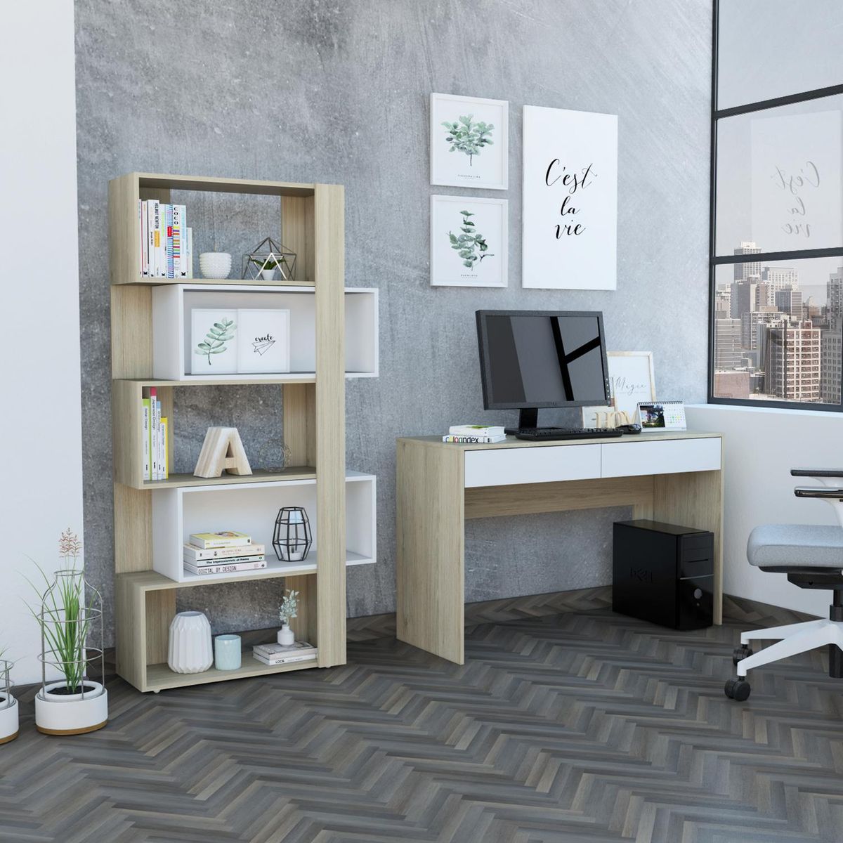 TUHOME - Set escritorio + estante oak/blanco