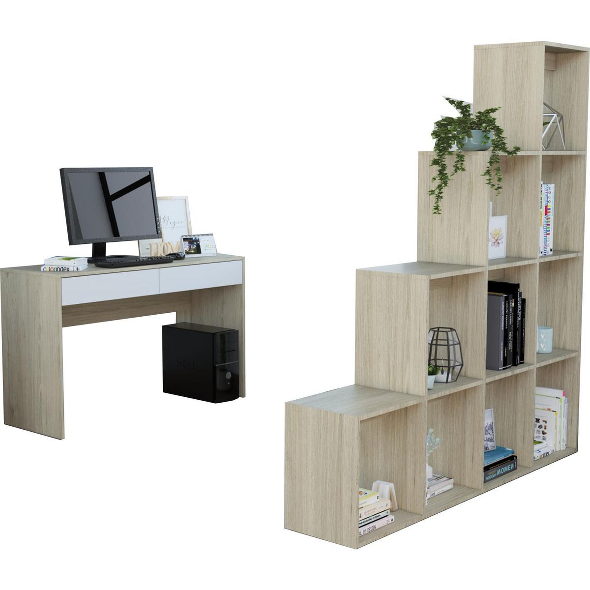 TUHOME - Set escritorio + estante oak/blanco