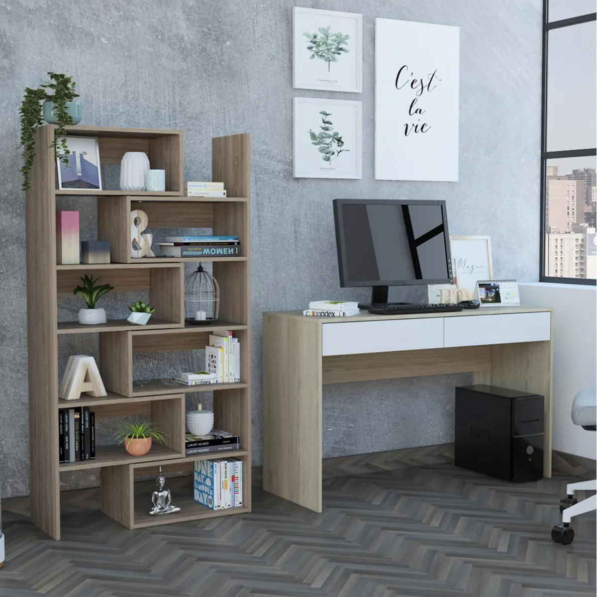 TUHOME - Set escritorio + estante oak/blanco