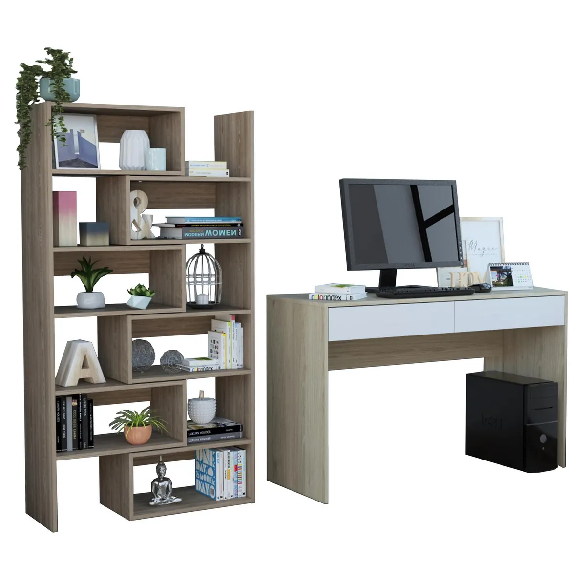 TUHOME - Set escritorio + estante oak/blanco