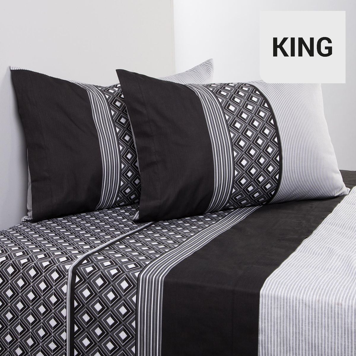 AMERICAN FAMILY - Sábana Walnut King 144 Hilos Negro/ Blanco