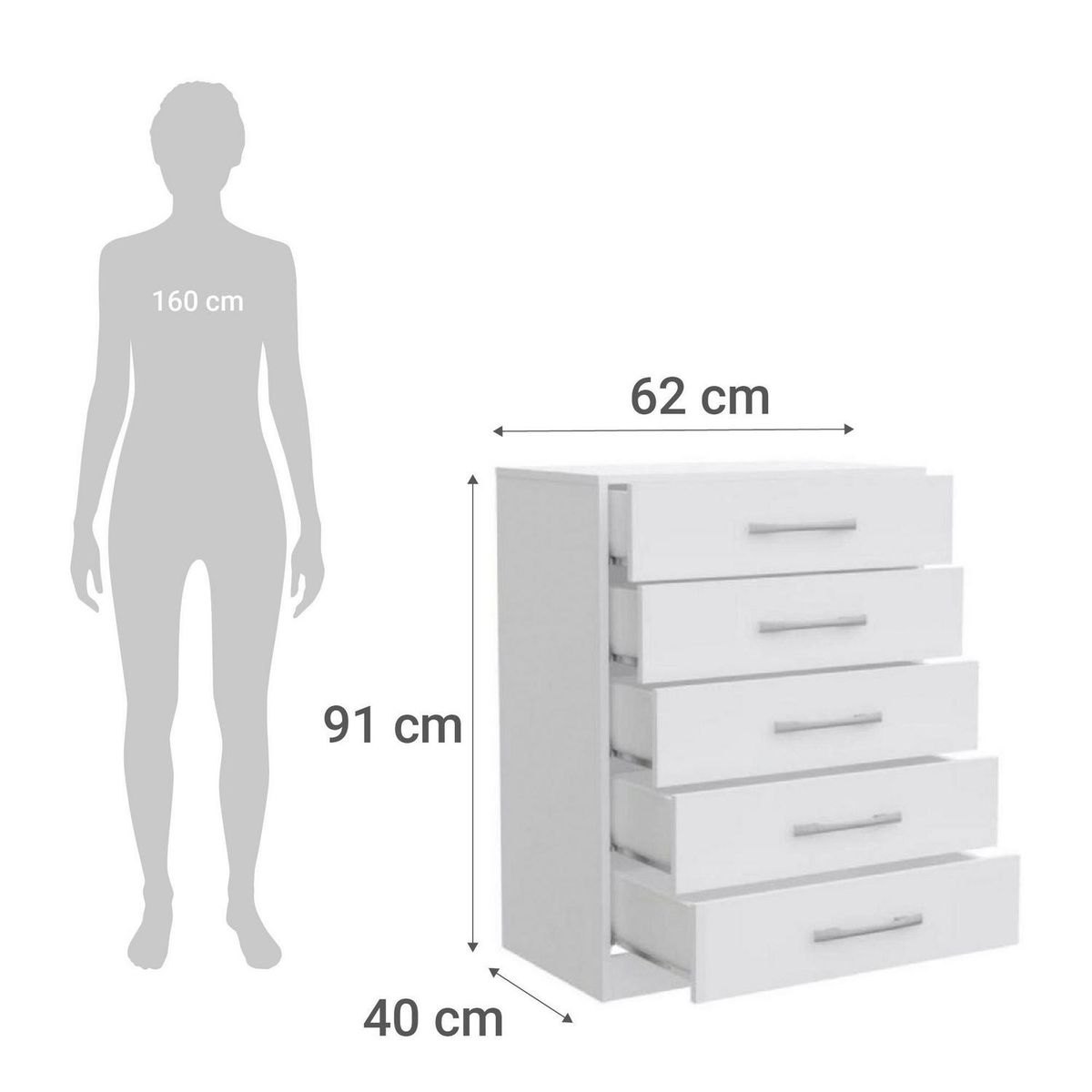 YARDAS - Cómoda 5 Cajón 62x91x40 cm Blanco