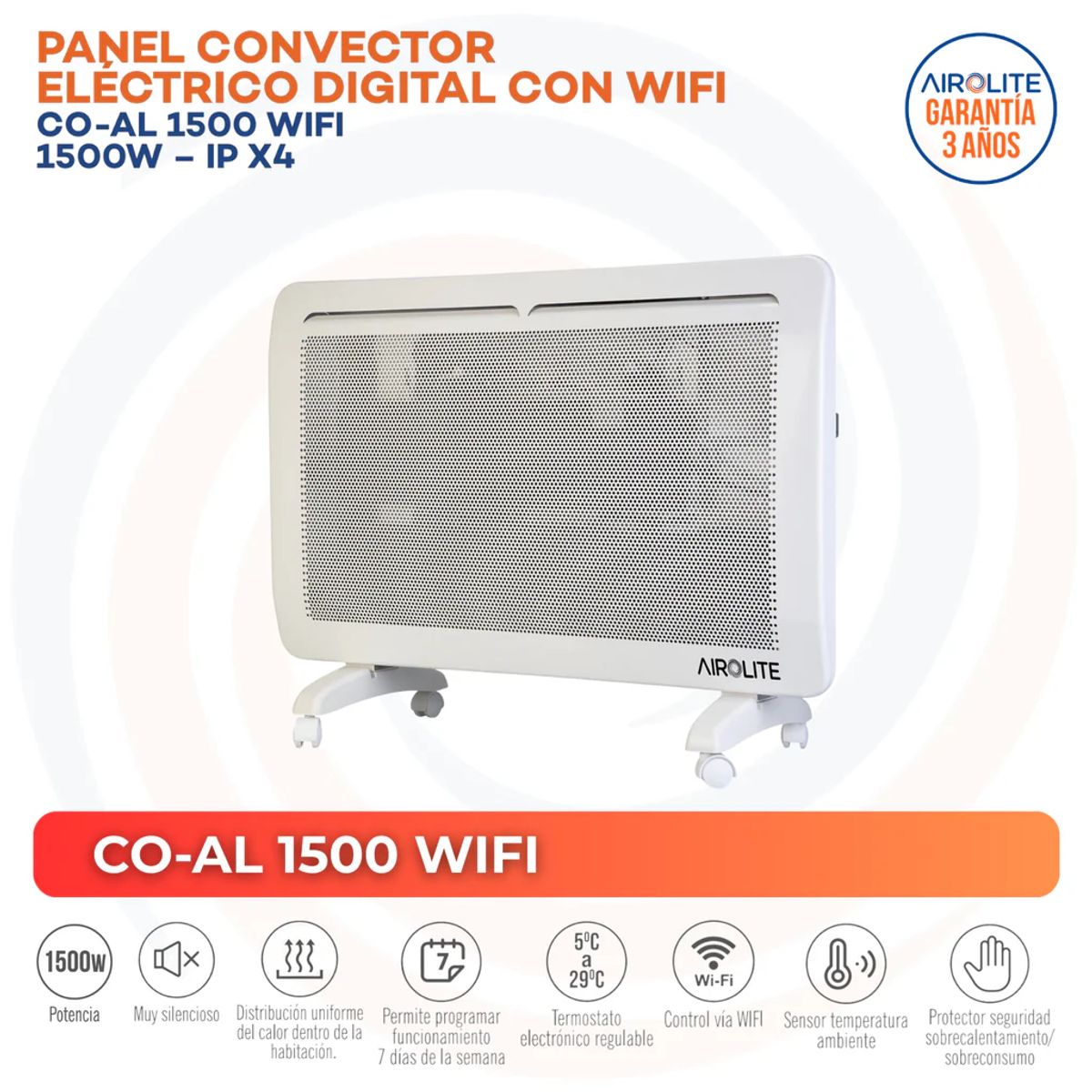 AIROLITE - Convector Eléctrico con Wifi 1500 W Convección 