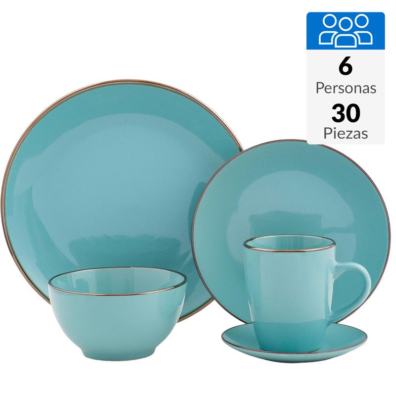 JUST HOME COLLECTION - Juego de Loza 30 Piezas Cerámica Sólido Turquesa