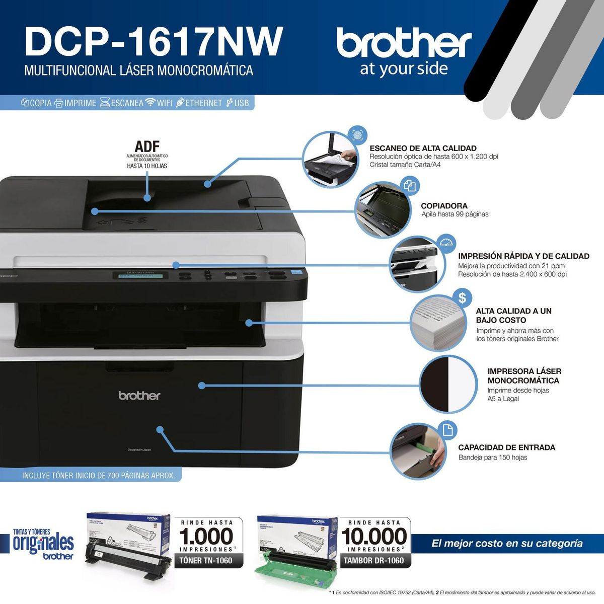 BROTHER - Impresora multifuncional láser monocromática DCP1617NW con Wifi