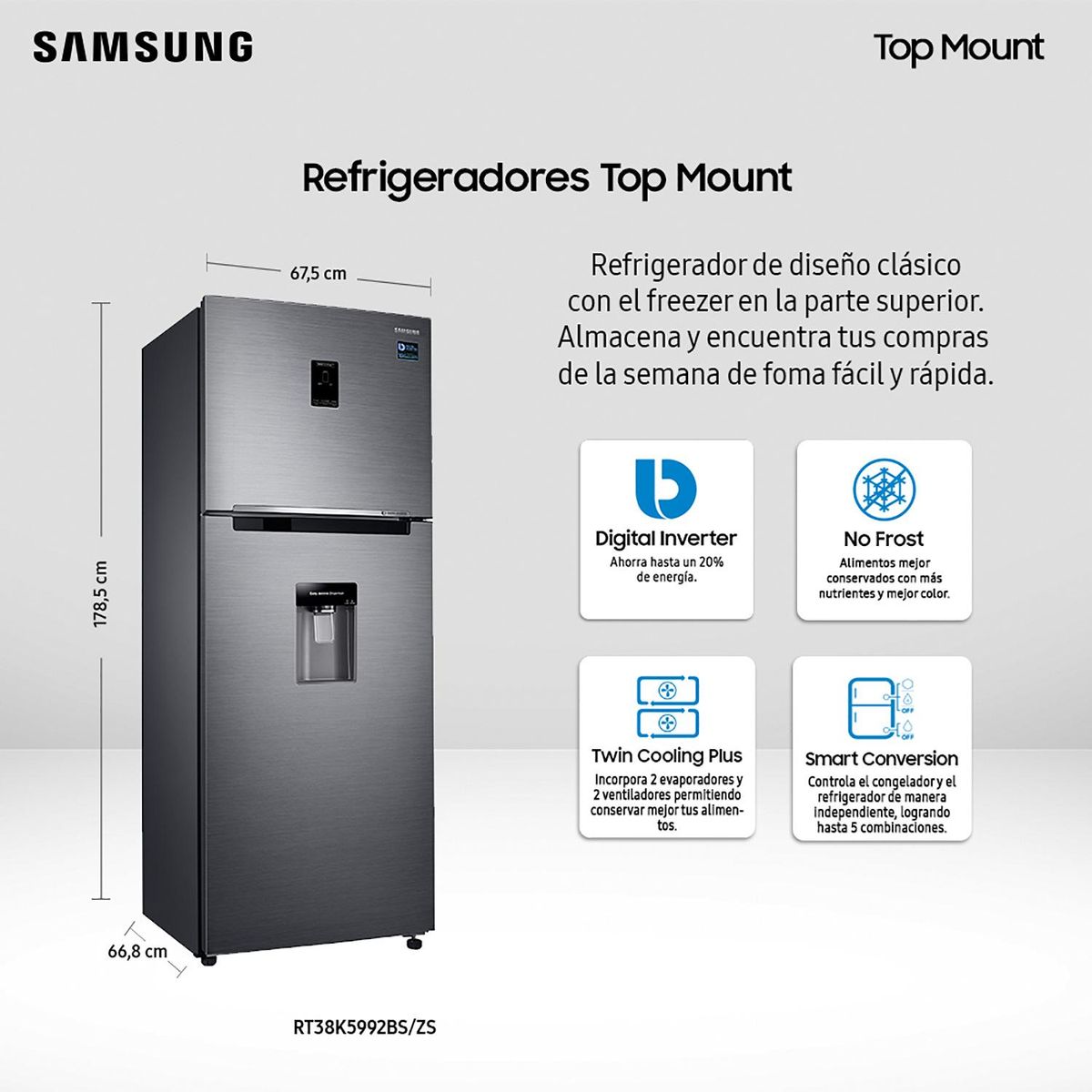 SAMSUNG - Refrigerador Top Freezer No Frost 368 Litros Black Stainless RT38K5992BS/ZS