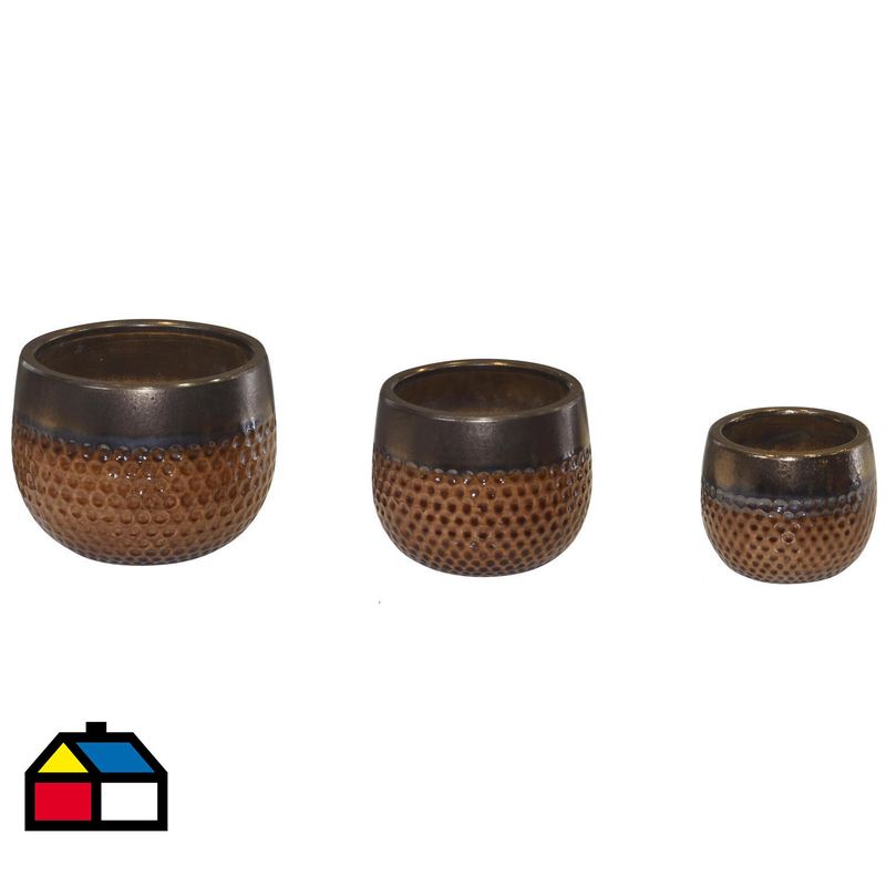 JUST HOME COLLECTION - Set 3 Maceteros de Ceámica Kura  Tabaco Dorado