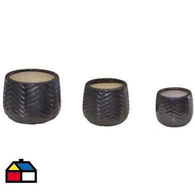 Macetero de cermica Kiri set 3 unidades negro mate.
