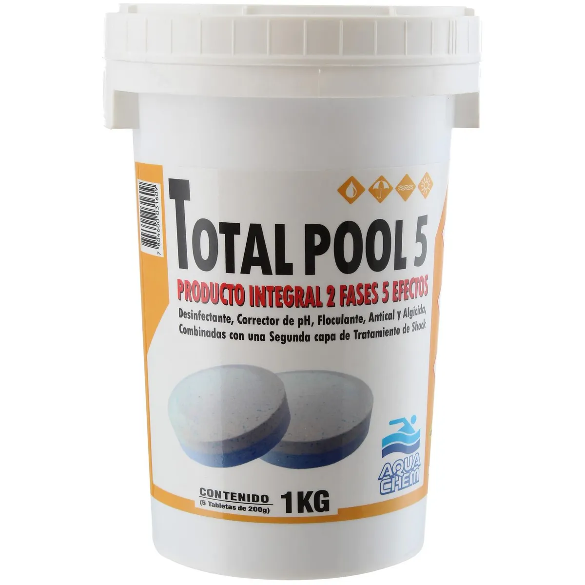 AQUACHEM - Cloro para Piscinas Tableta 1 kg Frasco (plástico/vidrio)