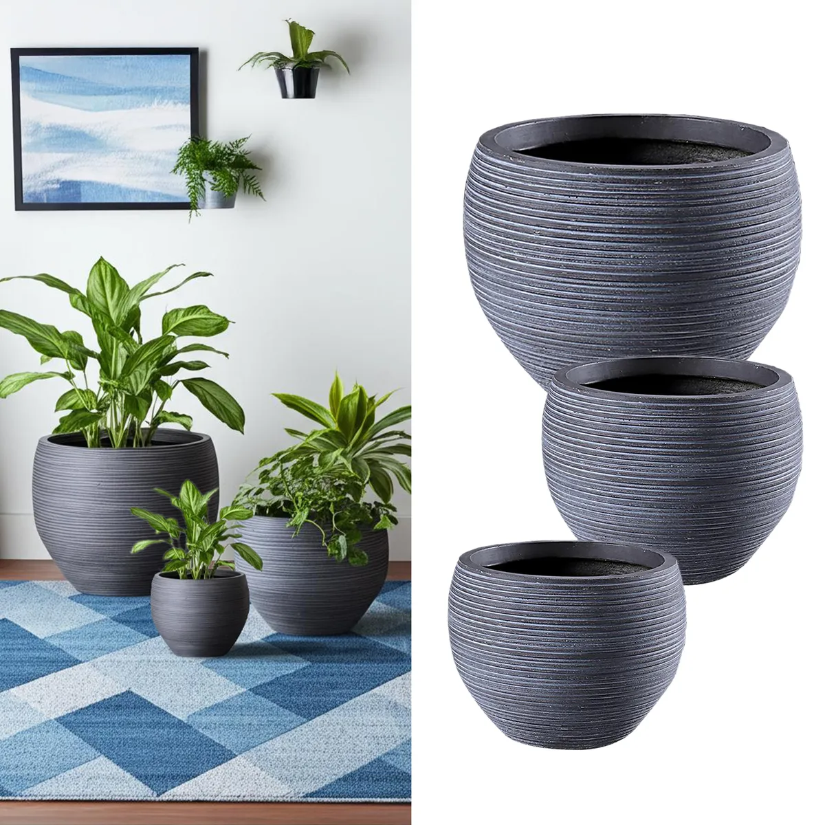 JUST HOME COLLECTION - Set 3 Maceteros de Fibra Stri Grey Gris