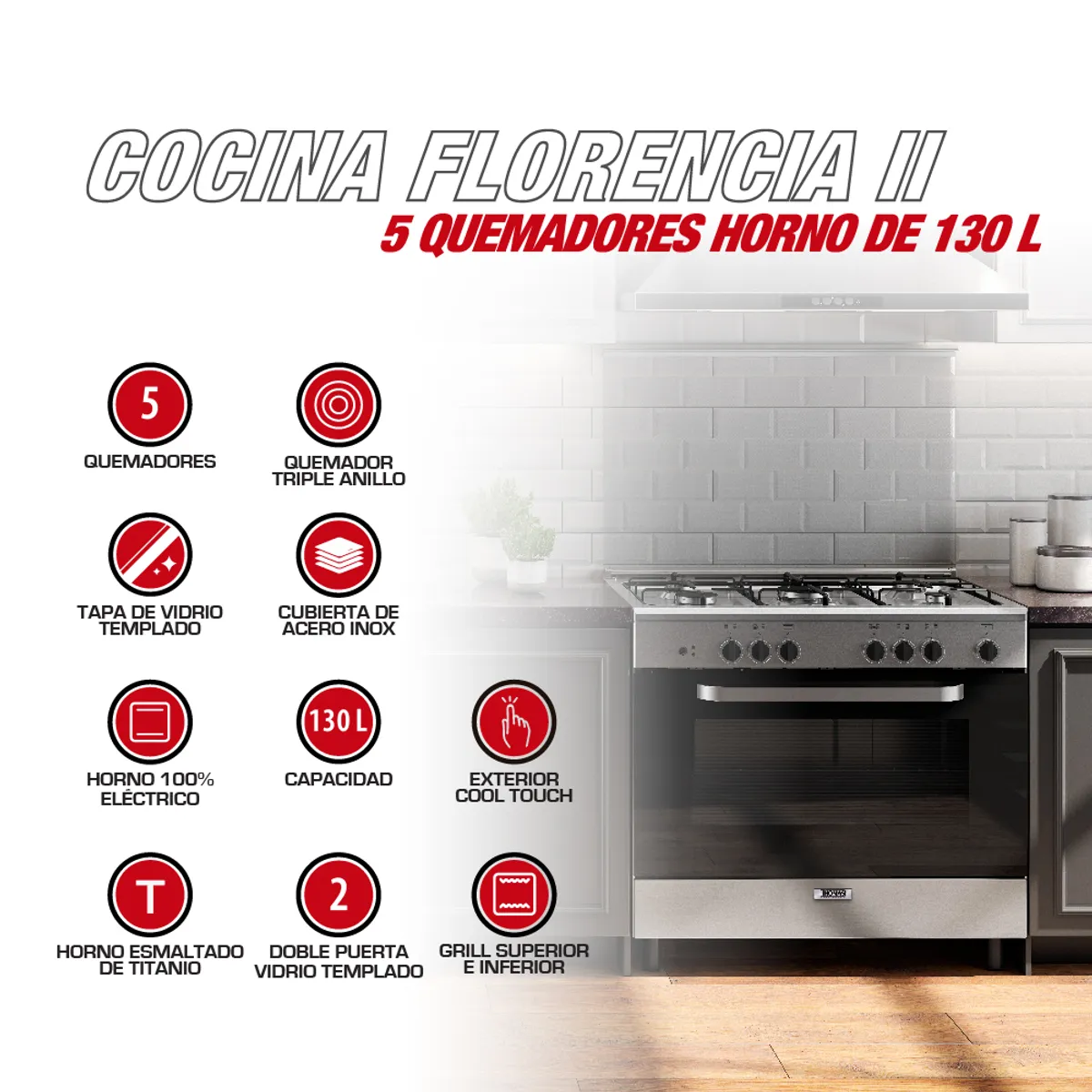 THOMAS - Cocina a Gas 5 Platos con Horno 130 Litros Acero Florencia II 