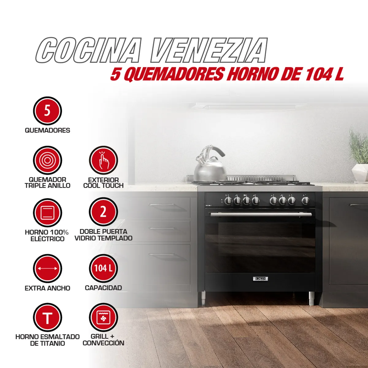 THOMAS - Cocina a Gas 5 Platos con Horno 104 Litros Negro Venezia