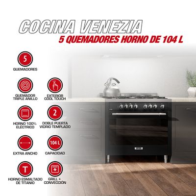 Imagen 2 del producto Cocina a Gas 5 Platos con Horno 104 Litros Negro Venezia
