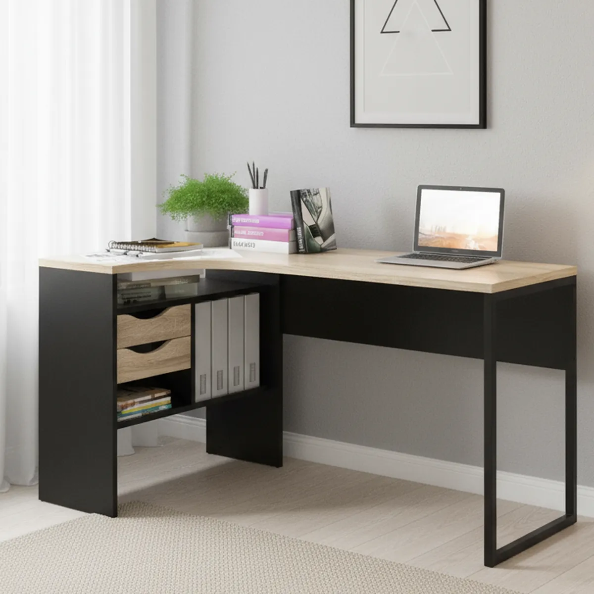 TVILUM - Escritorio en L Esquinero Function Negro 145x76.8x81 cm