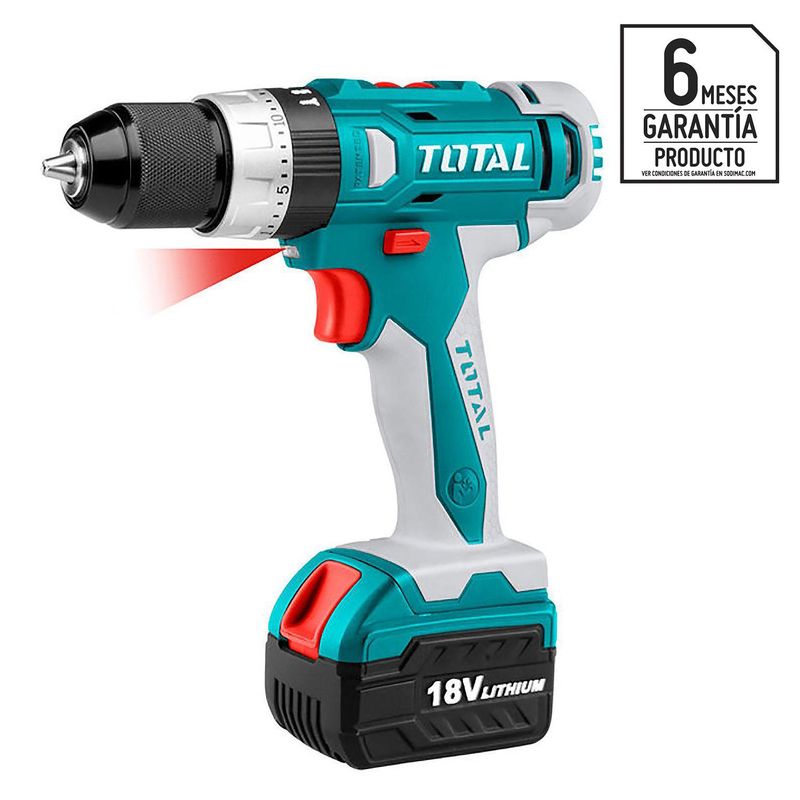 TOTAL - Taladro inalámbrico atornillador 10 mm 18V  + 2 baterías + accesorios