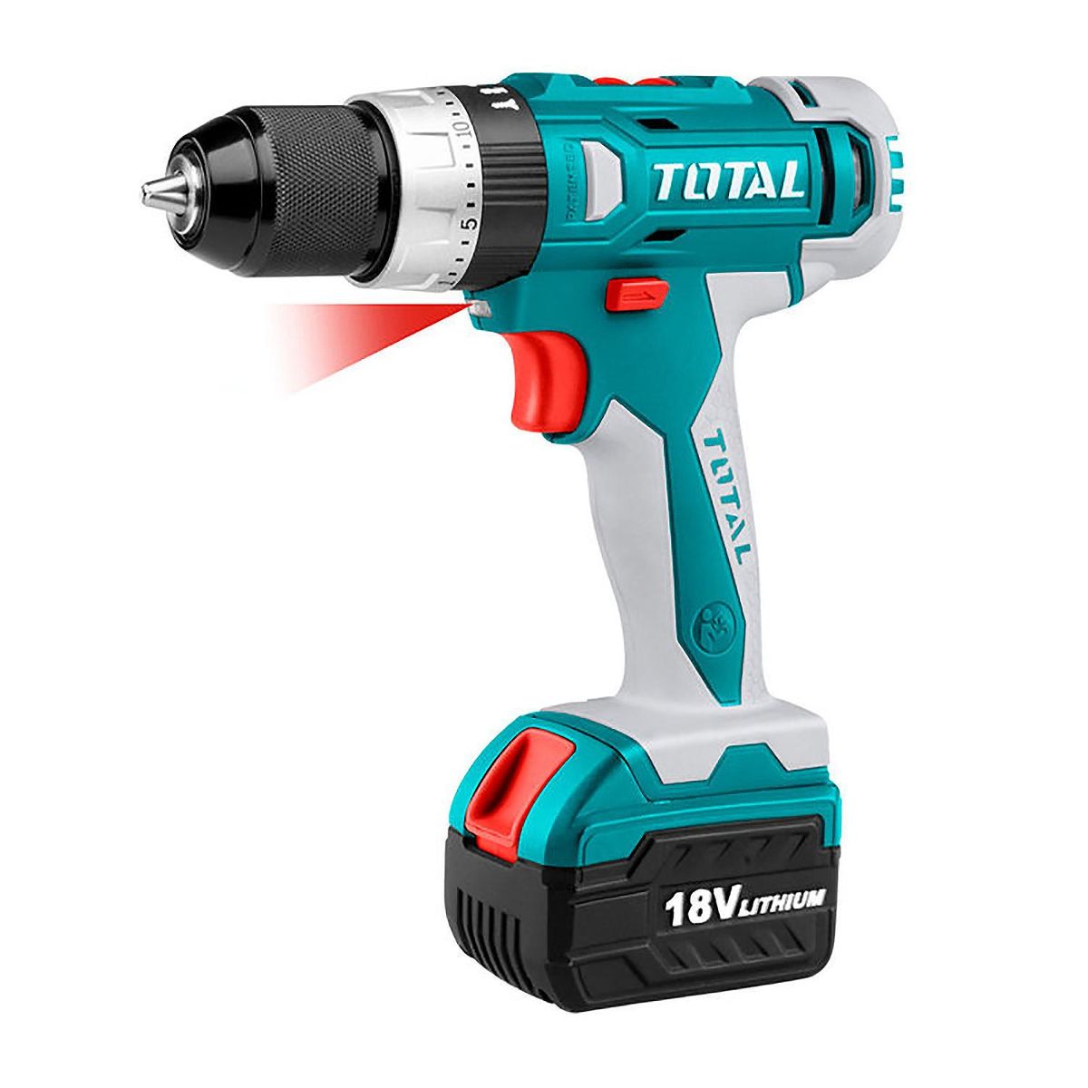 TOTAL - Taladro inalámbrico atornillador 10 mm 18V + 2 baterías + accesorios