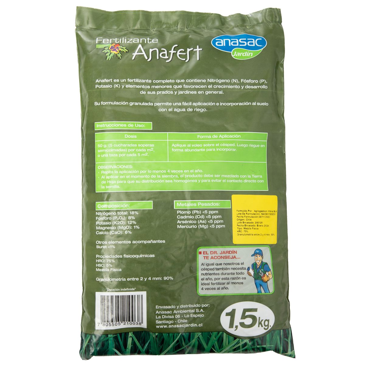 ANASAC - Fertilizante para césped Anafert 1,5 kg bolsa