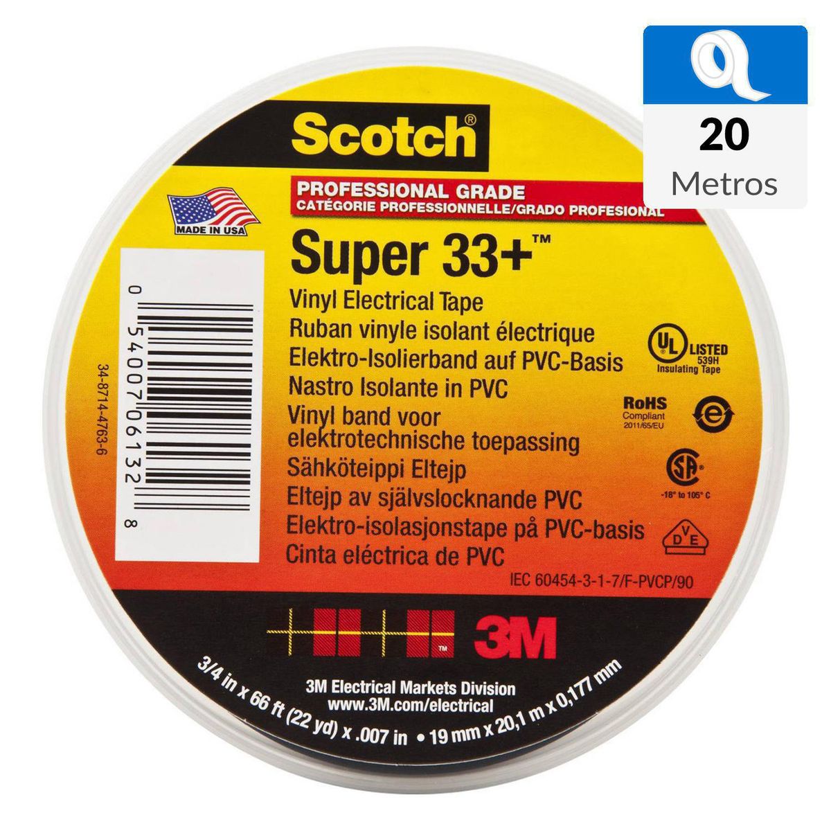SCOTCH - Cinta Aisladora Eléctrica 19 mm x 20 mts Super 33 Negra