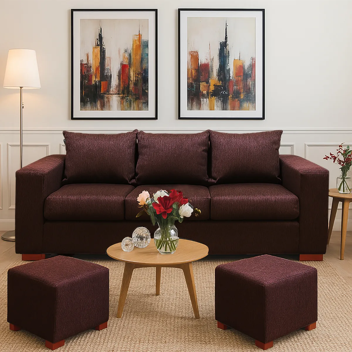 DKORA - Sofá 3 cuerpos + 2 pouf