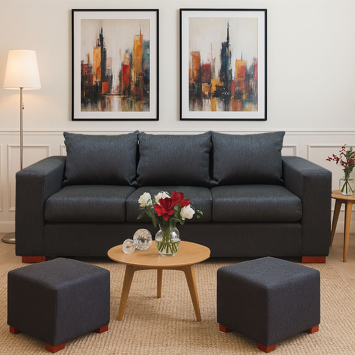 DKORA - Sofá 3 cuerpos + 2 pouf