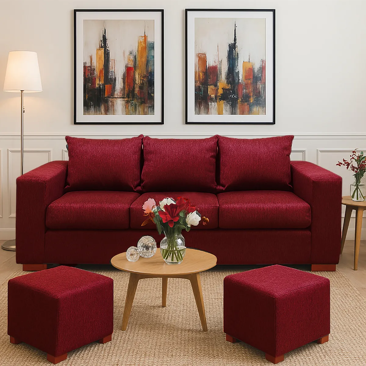 DKORA - Sofá 3 cuerpos + 2 pouf