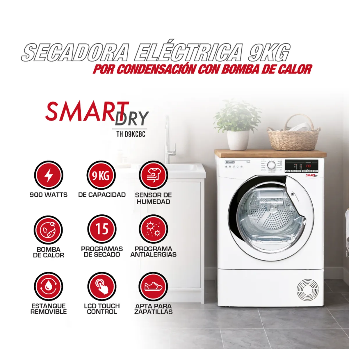 THOMAS - Secadora de Ropa 9 kg Carga Frontal con Bomba de calor Blanco TH-D9KCBC