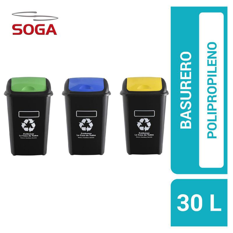 SOGA - Set 3 Basureros Eco 30 Litros Polipropileno Negro