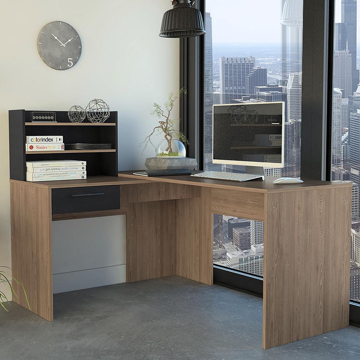 TUHOME - Escritorio en L Esquinero Bilbao Miel 150x113.2x121.8 cm