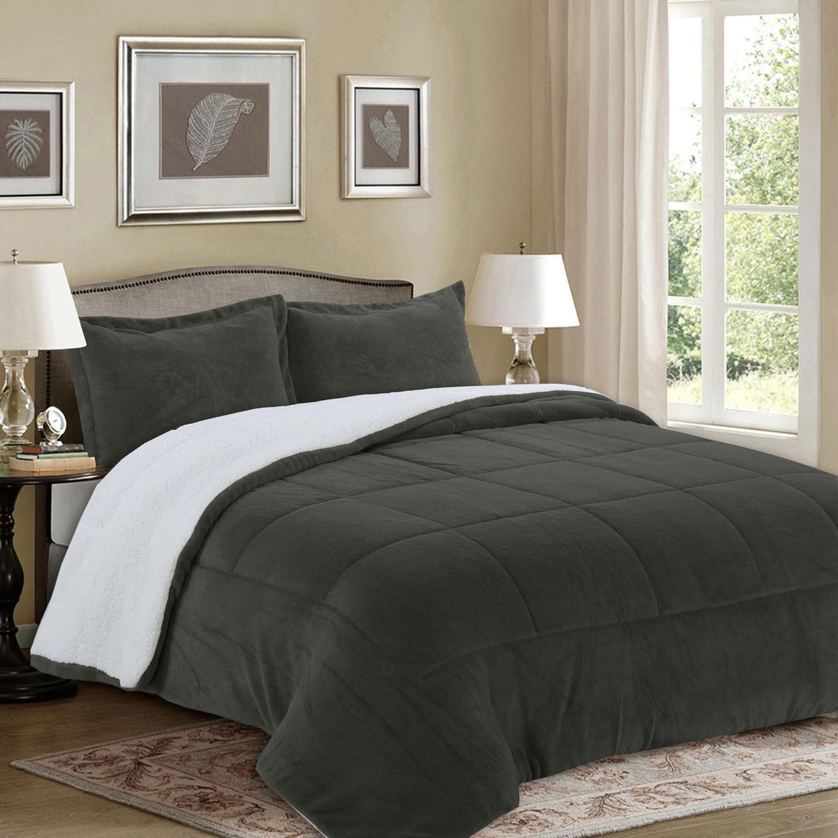 DORAL - Cubrecama Quilt 1.5 plazas Sherpa Liso Gris 