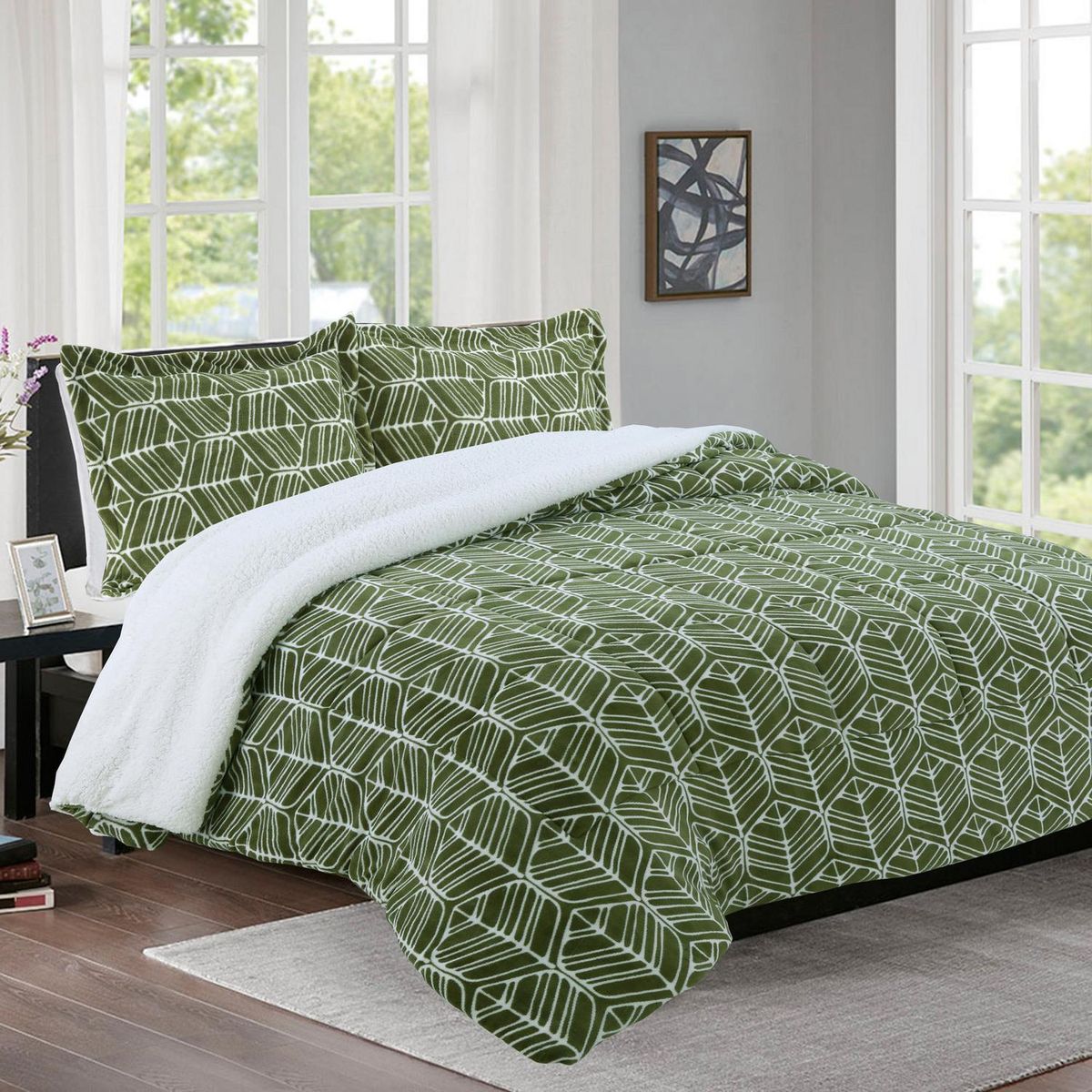 DORAL - Cubrecama Quilt King Sherpa Verde/Blanco 