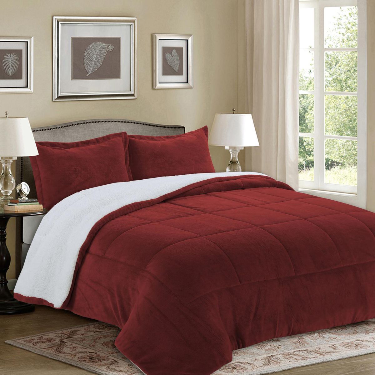 DORAL - Cubrecama Quilt King Sherpa Liso Burdeo