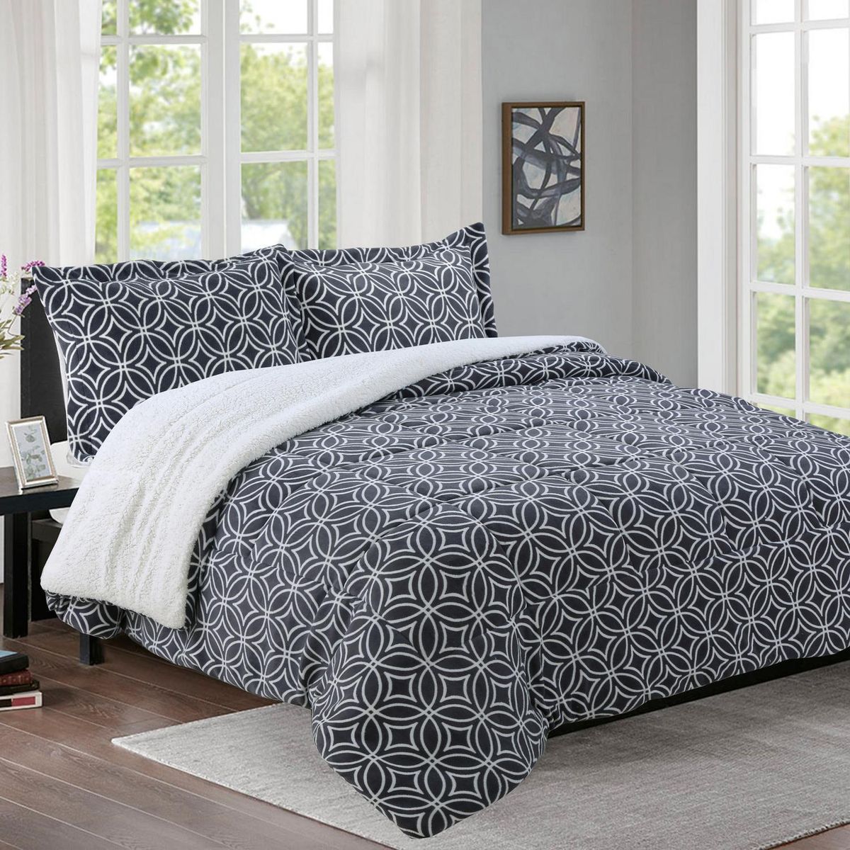 DORAL - Cubrecama Quilt 2 plazas Sherpa Gris/Blanco