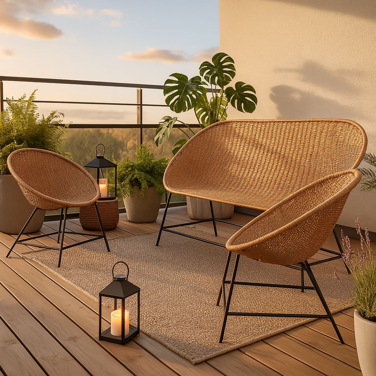 DECO MIMBRE - Juego de Terraza Living Mimbre Chocolate 4 Personas