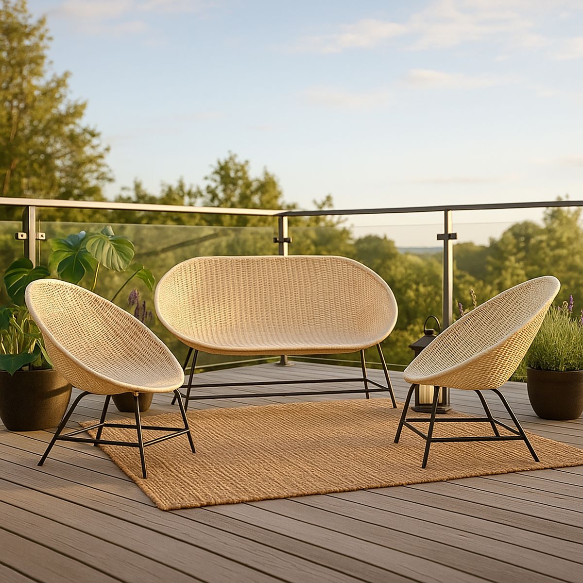DECO MIMBRE - Juego de Terraza Living Mimbre Blanco 4 Personas