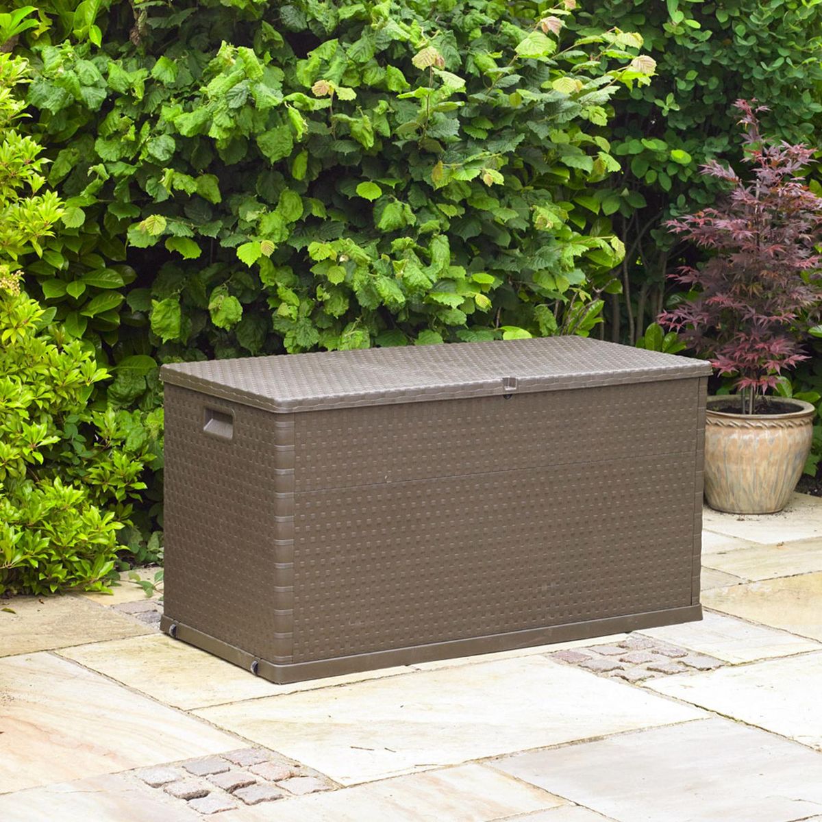 IMPORTADORA USA - Baul jardín italiano resina café 420 lt 119x55,8x63,5 cm