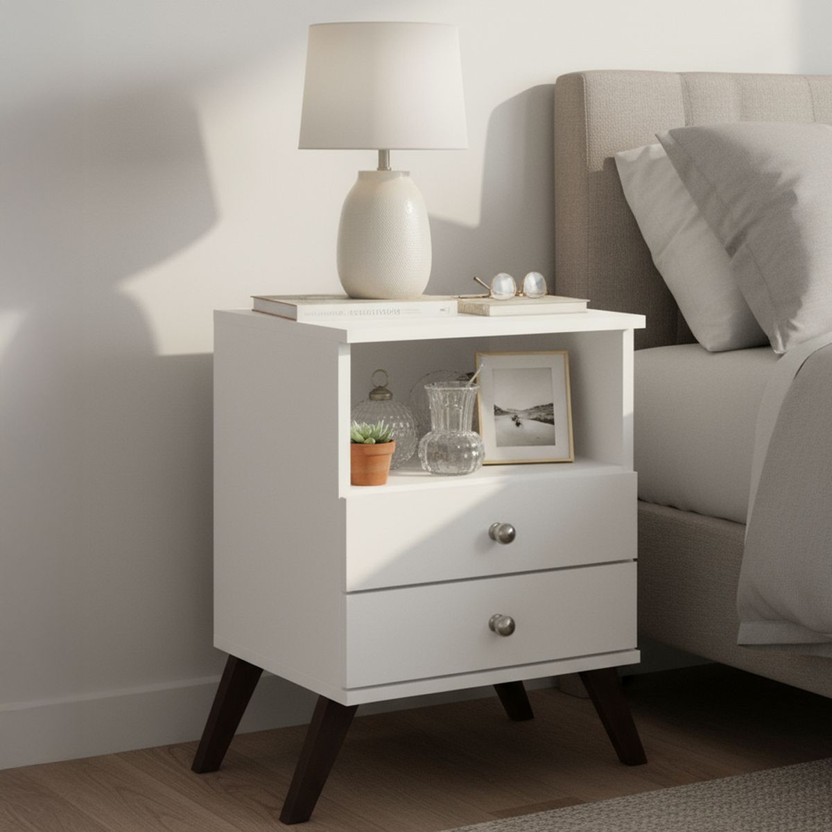 HOGA - Velador 2 Cajón(es) Retro 38x61x62 cm Blanco