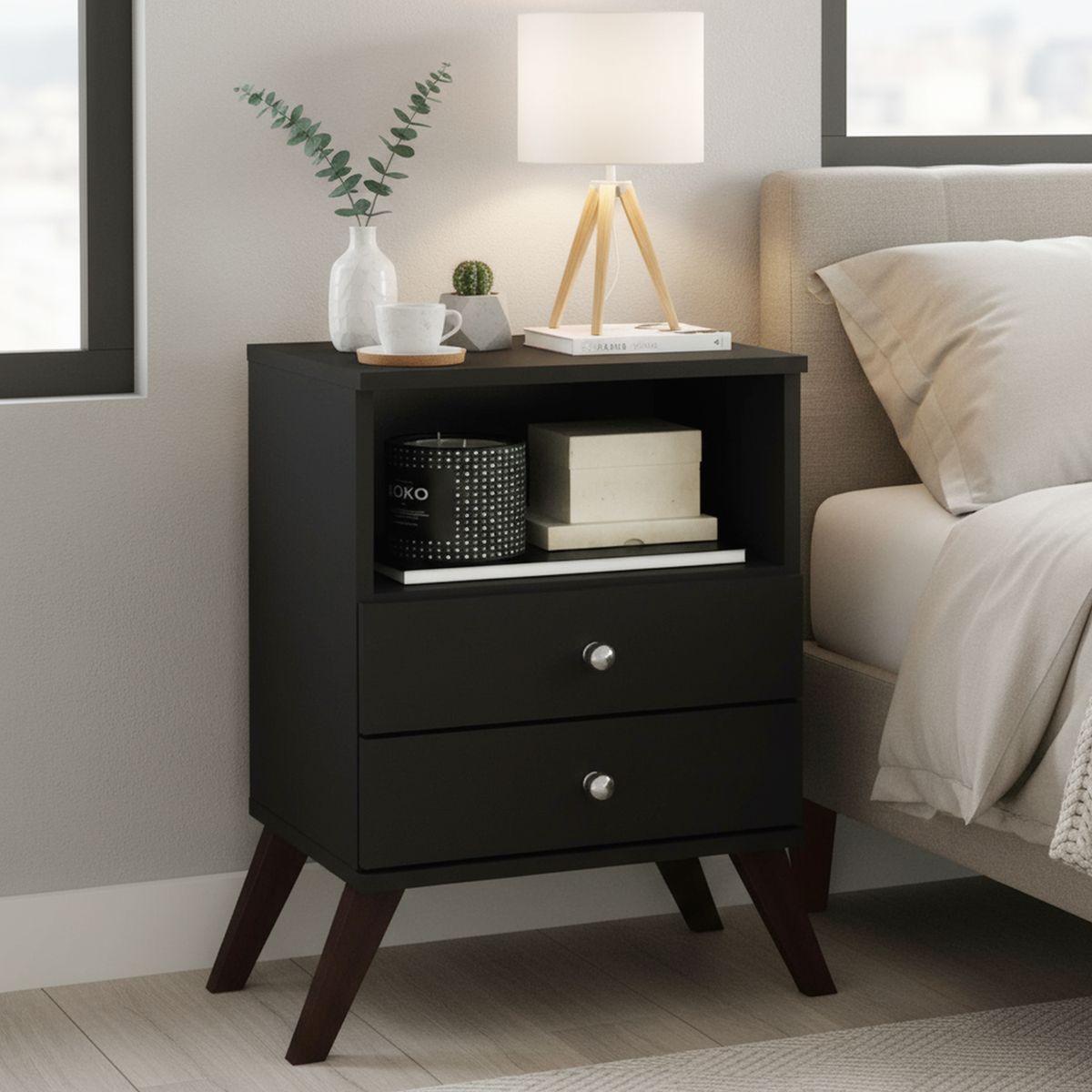 HOGA - Velador 2 Cajón(es) Retro 38x61x62 cm Negro