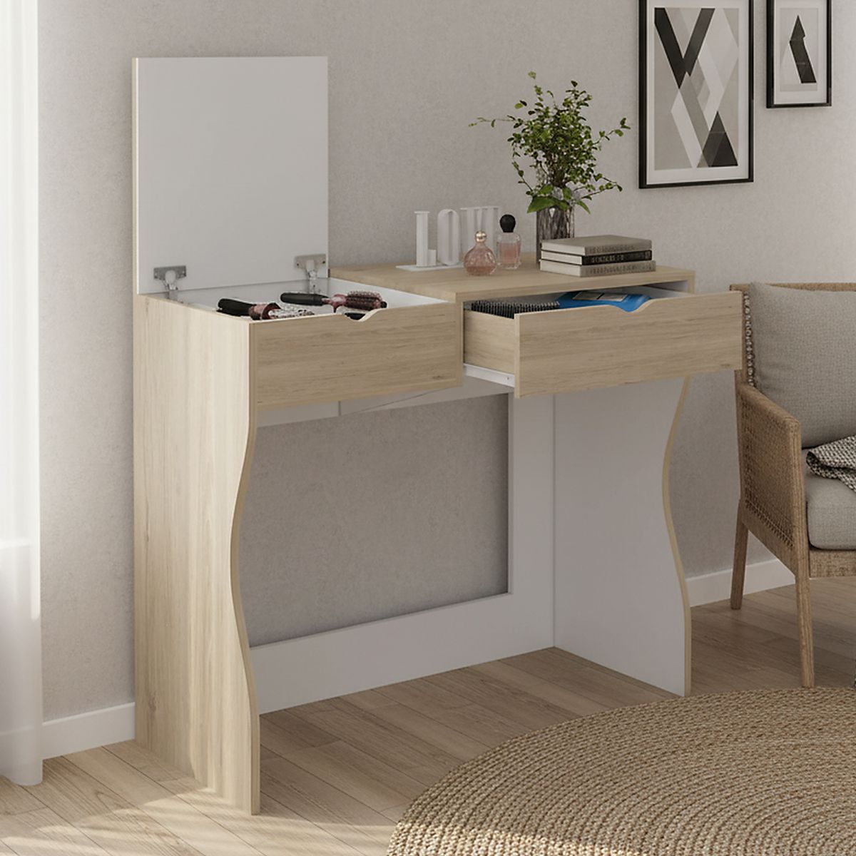 TUHOME - Tocador 2 Cajón(es) PERLA 90 90x78x40 cm Rovere/blanco