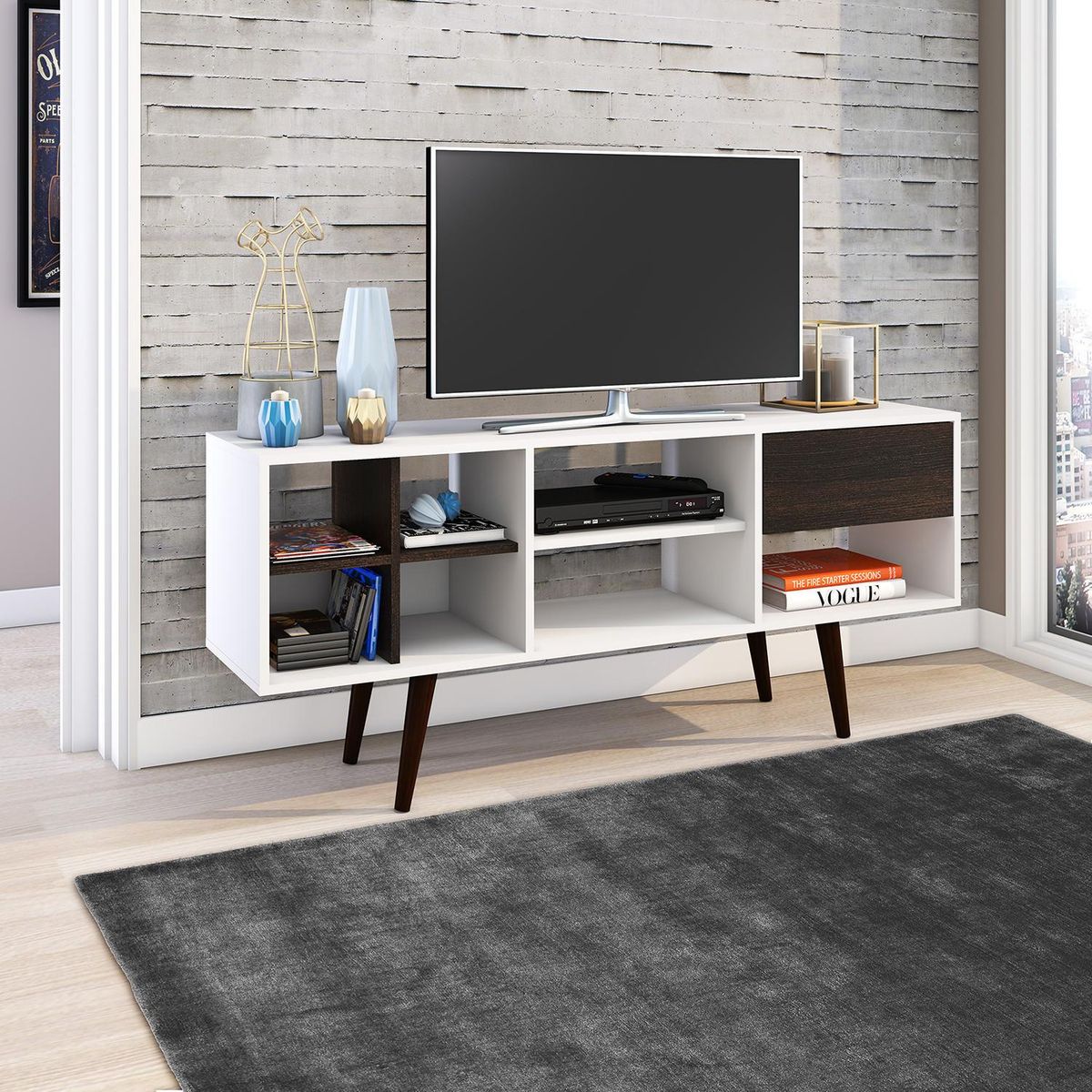 TECNOMOBILI - Rack de TV 55 " 136x33x60 Blanco/tabaco