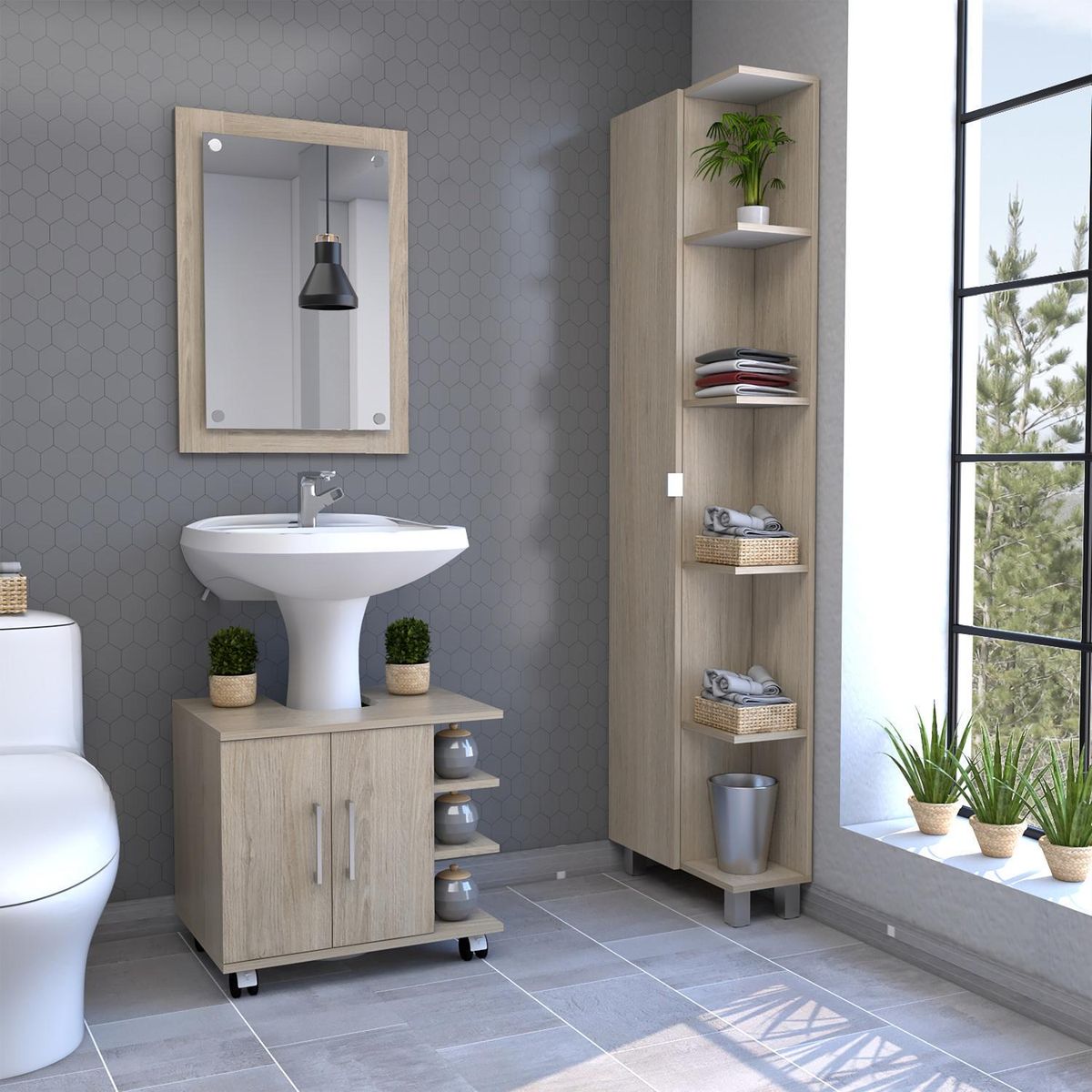 TUHOME - Espejo optimizador lavamanos mueble bath300 rovere blanco