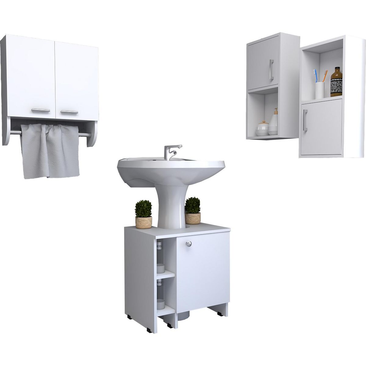 TUHOME - Set botiquín + mueble optimizador + 2 muebles auxiliares blanco