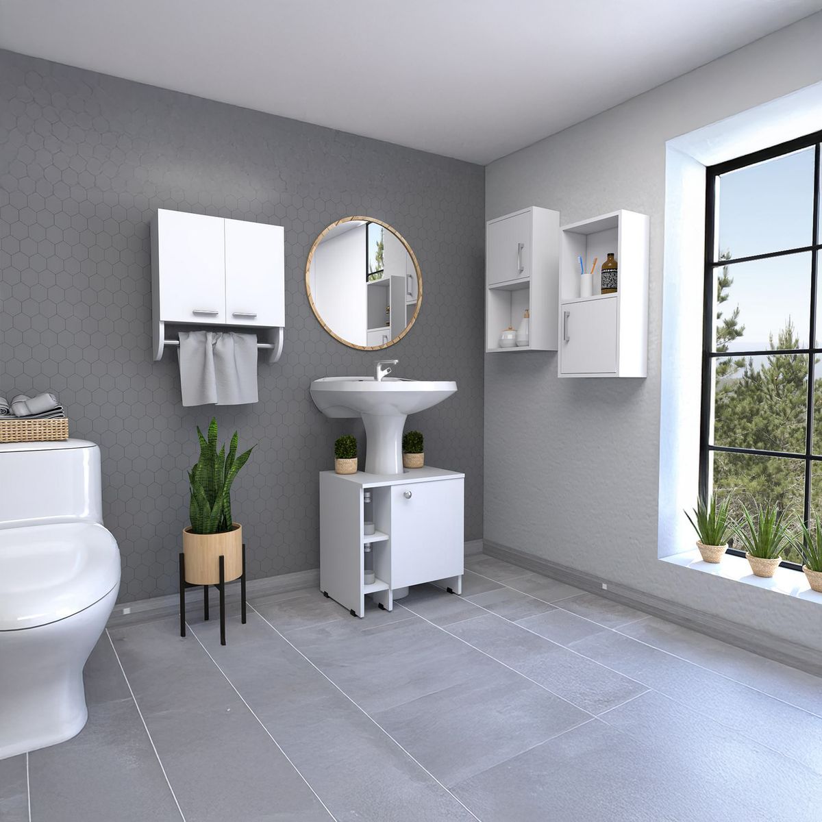 TUHOME - Set botiquín + mueble optimizador + 2 muebles auxiliares blanco