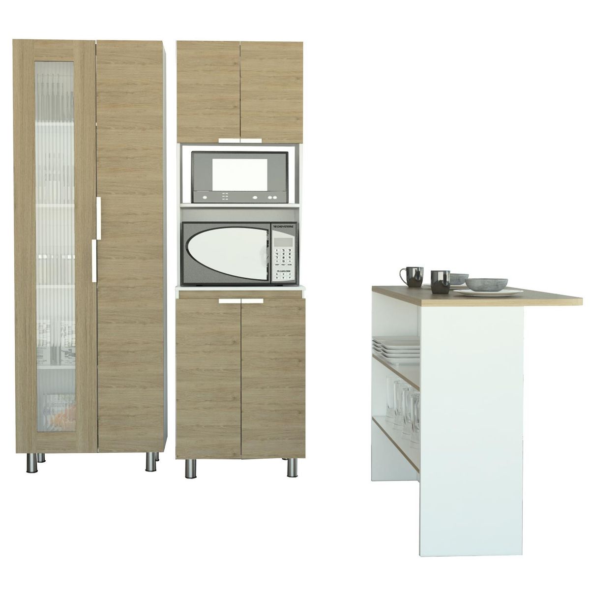 TUHOME - Set despensa + mueble microondas + isla de cocina rovere/blanco