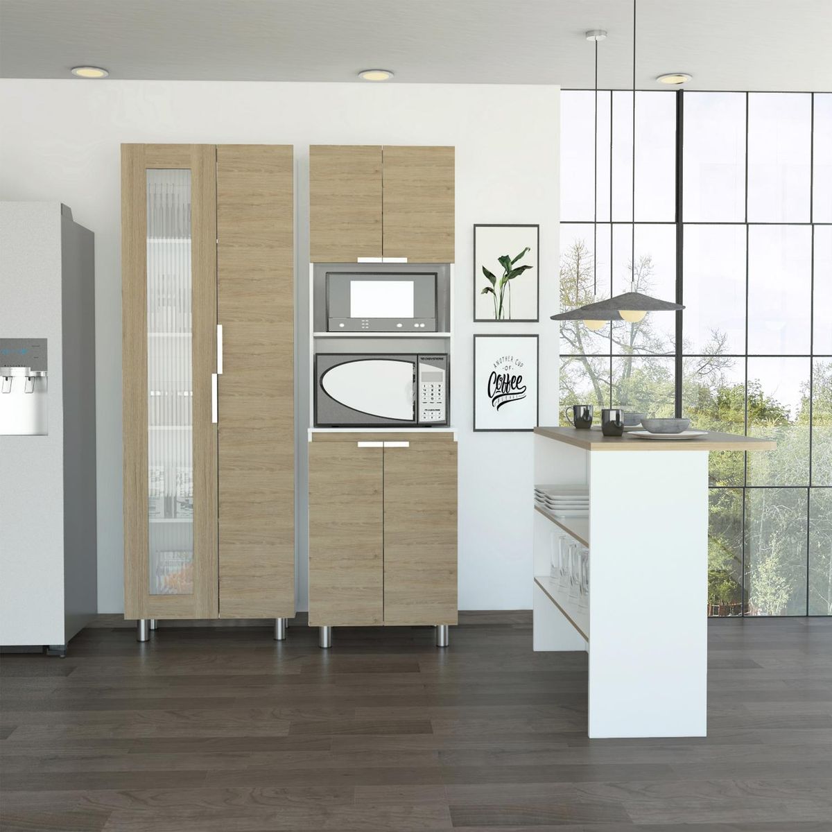 TUHOME - Set despensa + mueble microondas + isla de cocina rovere/blanco