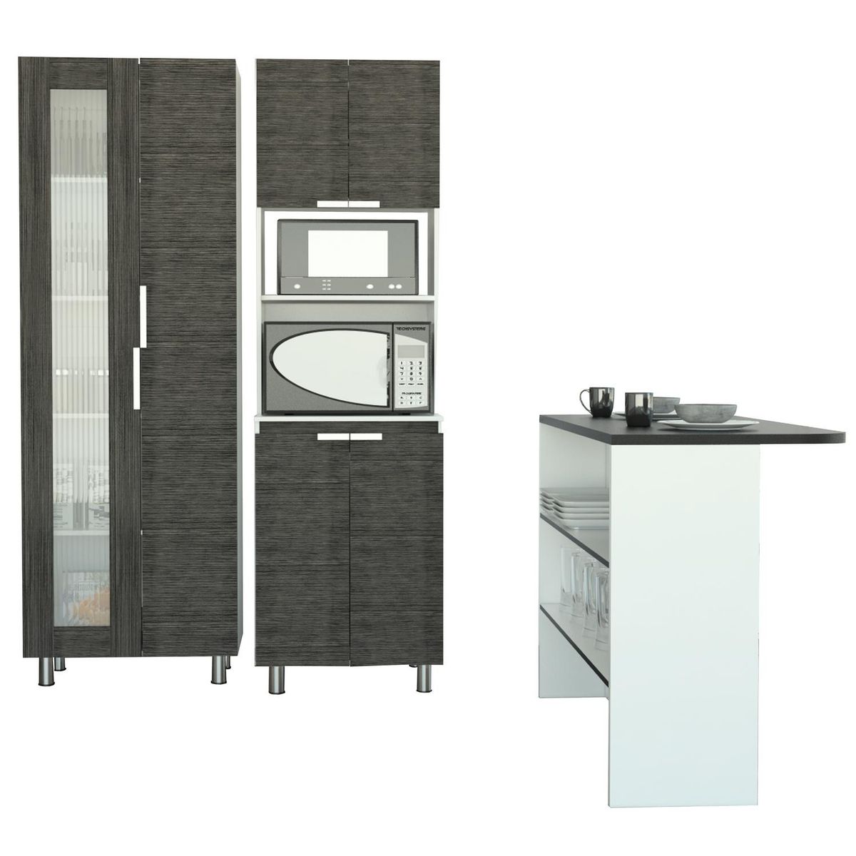 TUHOME - Set despensa + mueble microondas + isla de cocina rovere/wengue/blanco