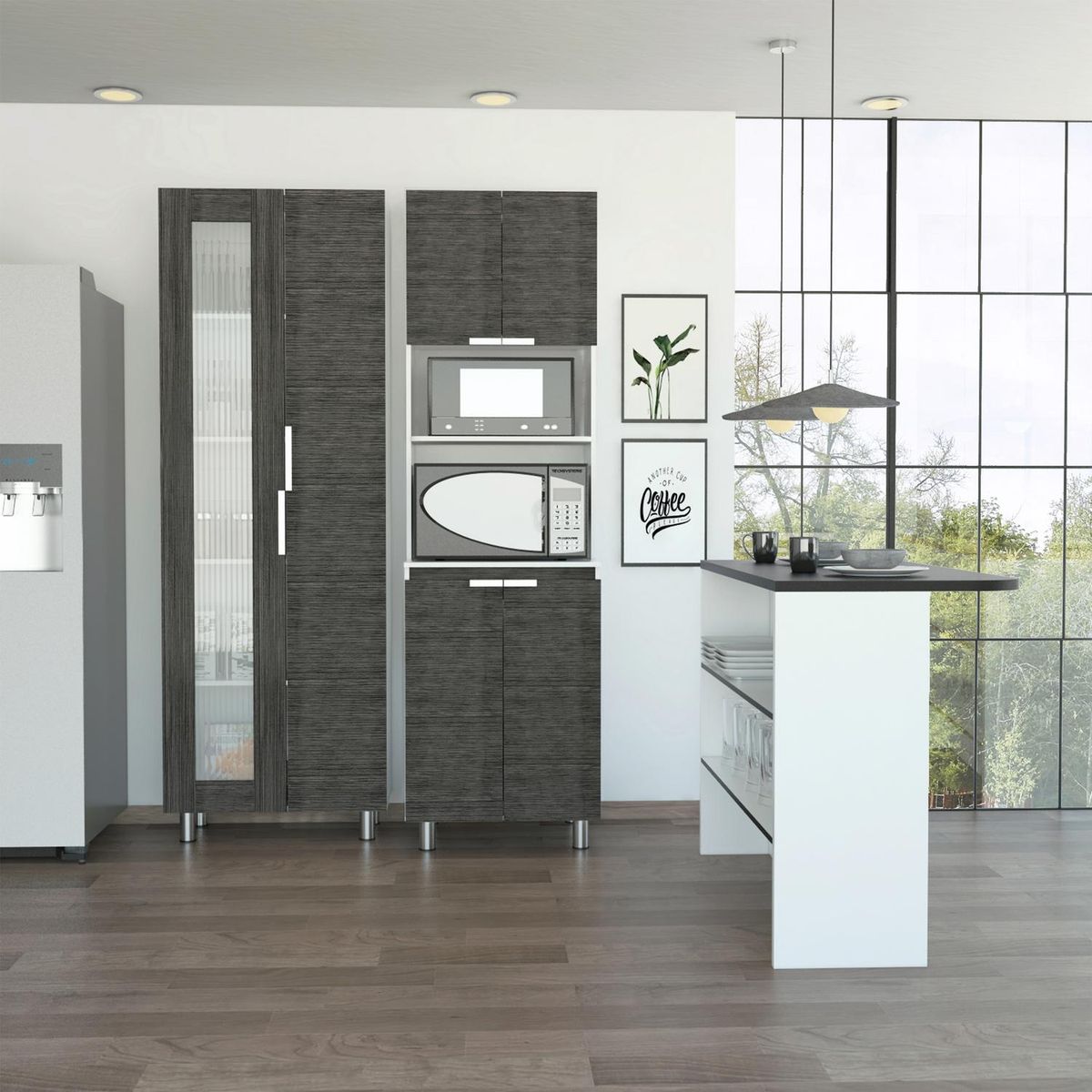 TUHOME - Set despensa + mueble microondas + isla de cocina rovere/wengue/blanco