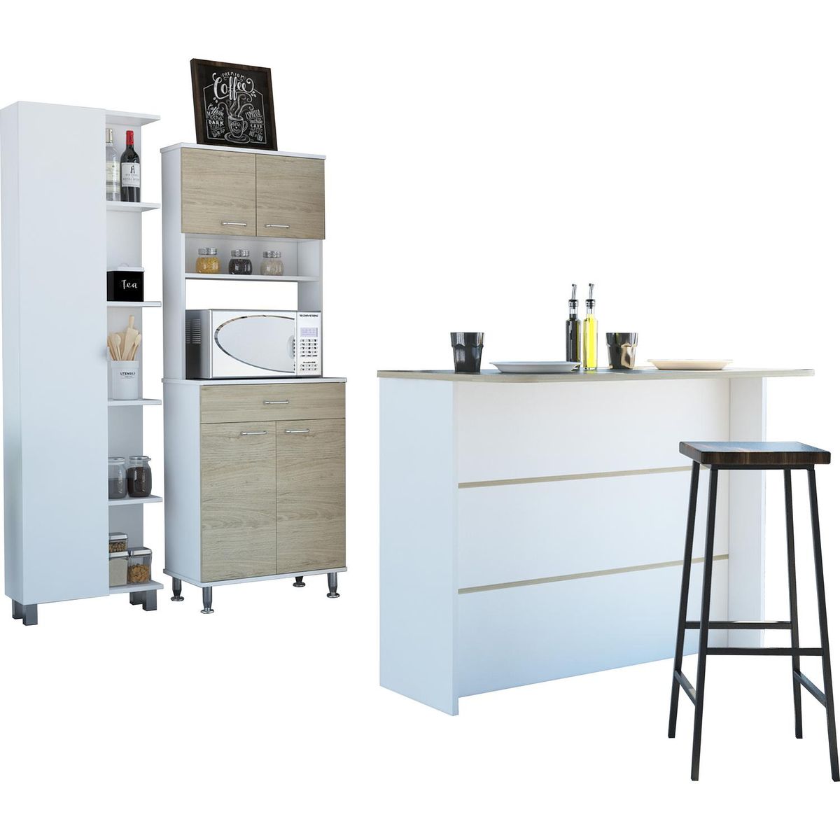 TUHOME - Set mueble microondas + isla de cocina+ estante rovere/blanco