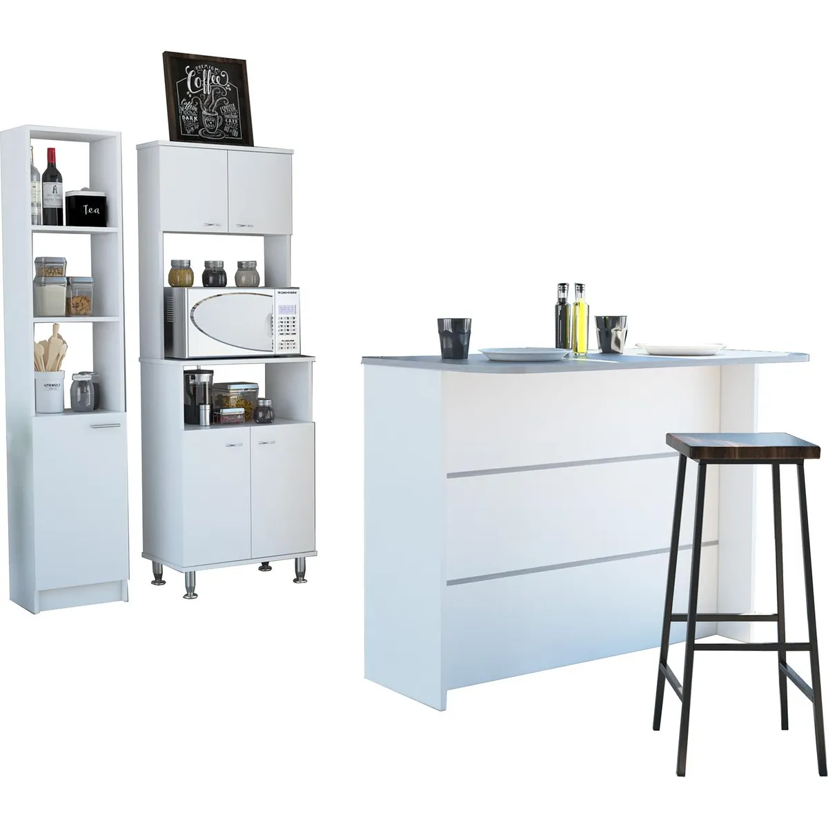 TUHOME - Set mueble microondas + isla de cocina + estante blanco