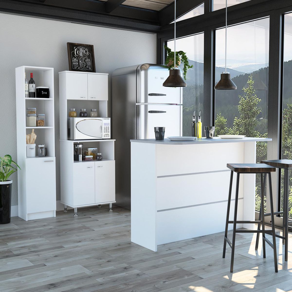 TUHOME - Set mueble microondas + isla de cocina + estante blanco