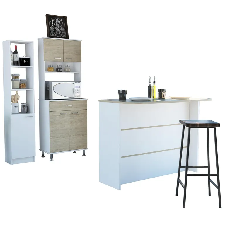Set mueble microondas + isla de cocina + estante rovere/blanco